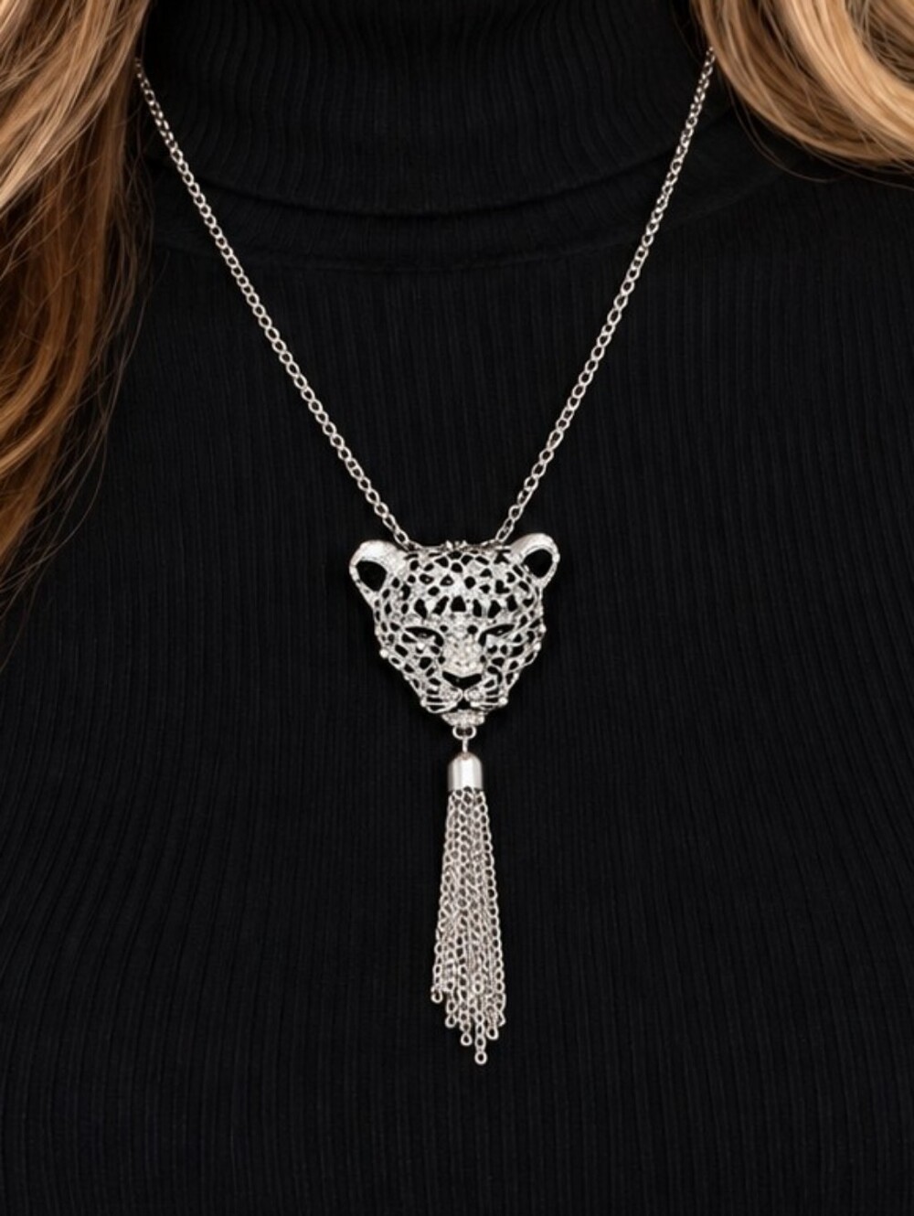 Silver Leopard Pendant Necklace with Tassel